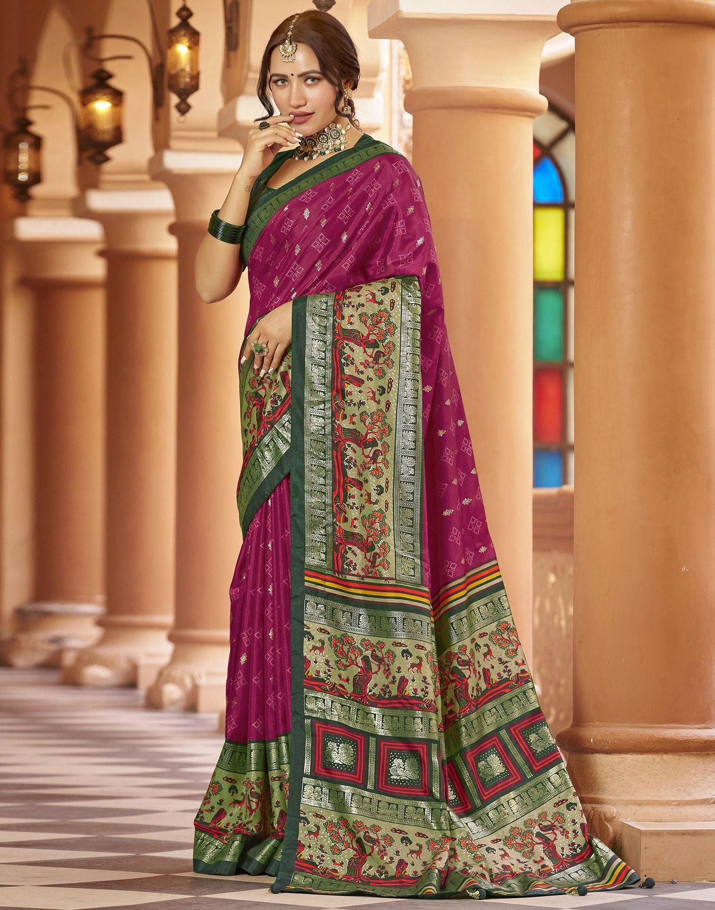 Pink Printed Silk Saree