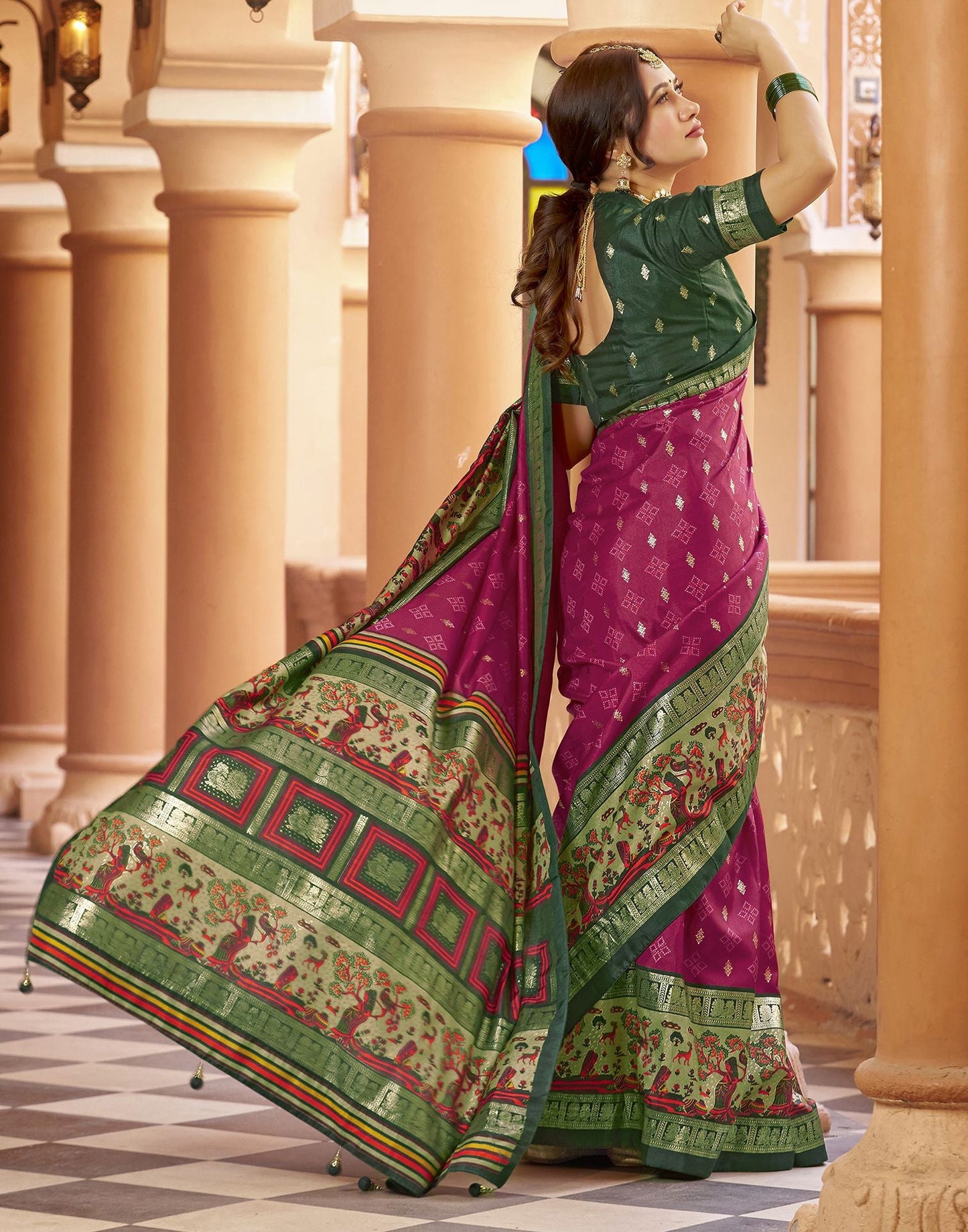 Pink Printed Silk Saree