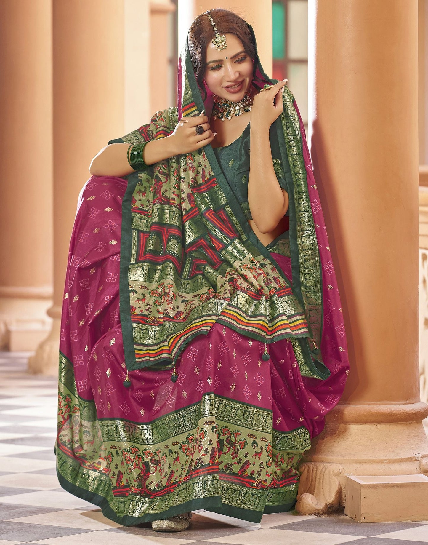 Pink Printed Silk Saree