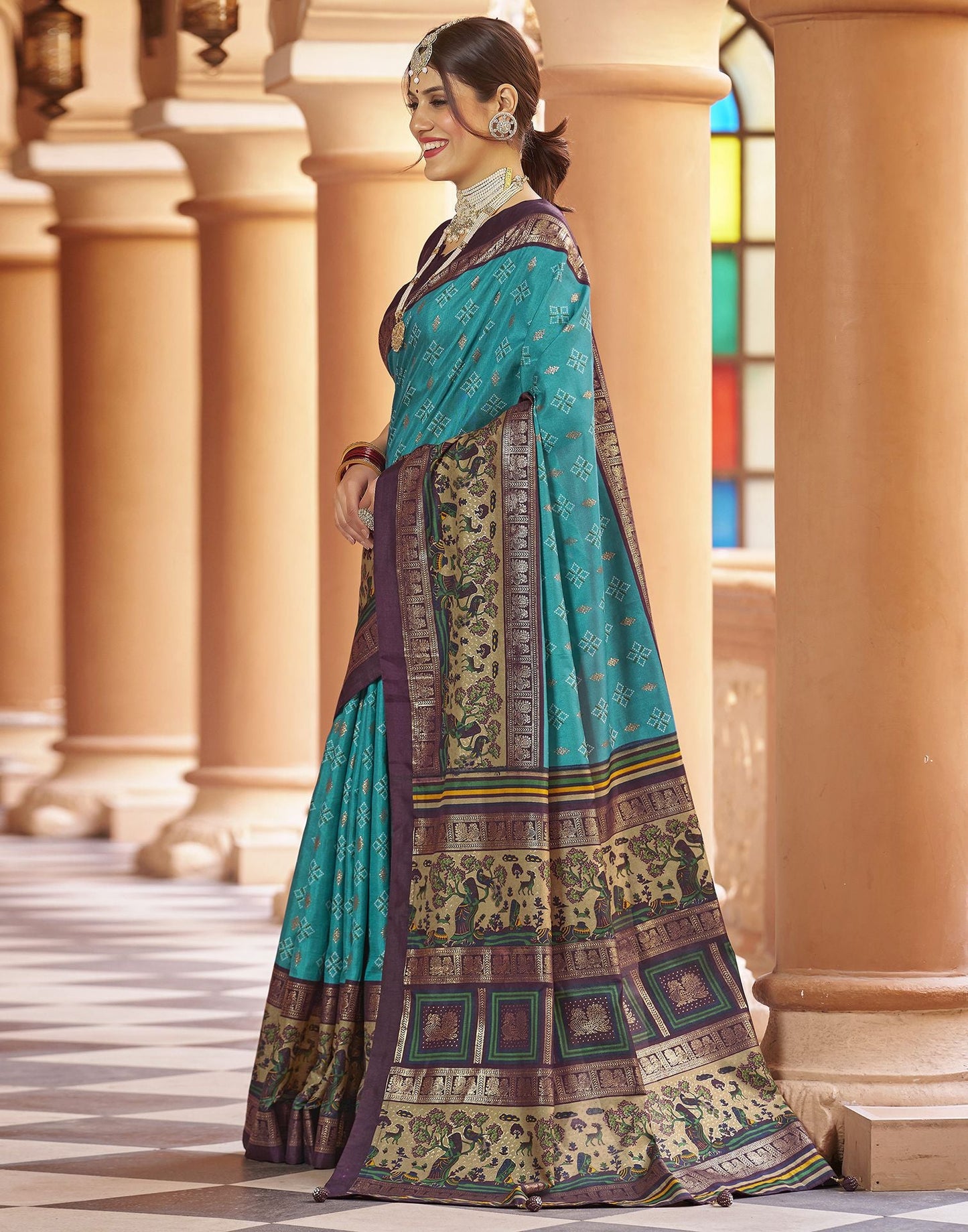 Teal Blue Printed Silk Saree