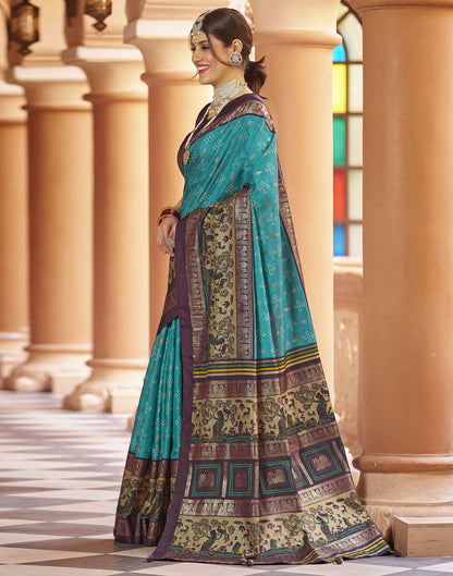 Teal Blue Printed Silk Saree
