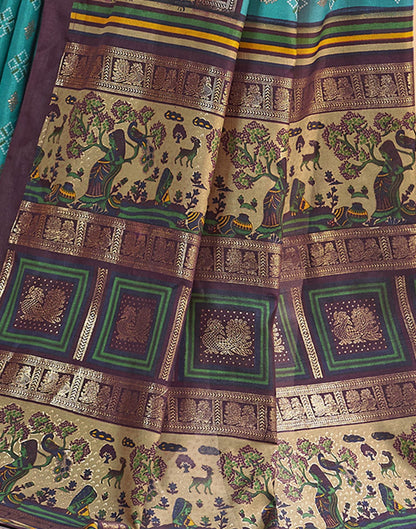 Teal Blue Printed Silk Saree