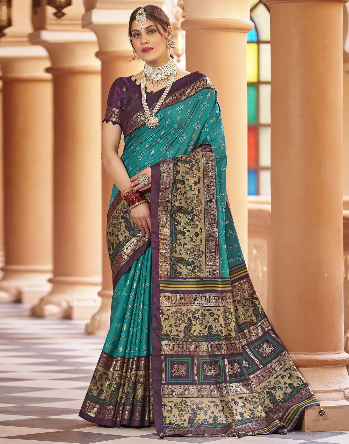 Teal Blue Printed Silk Saree