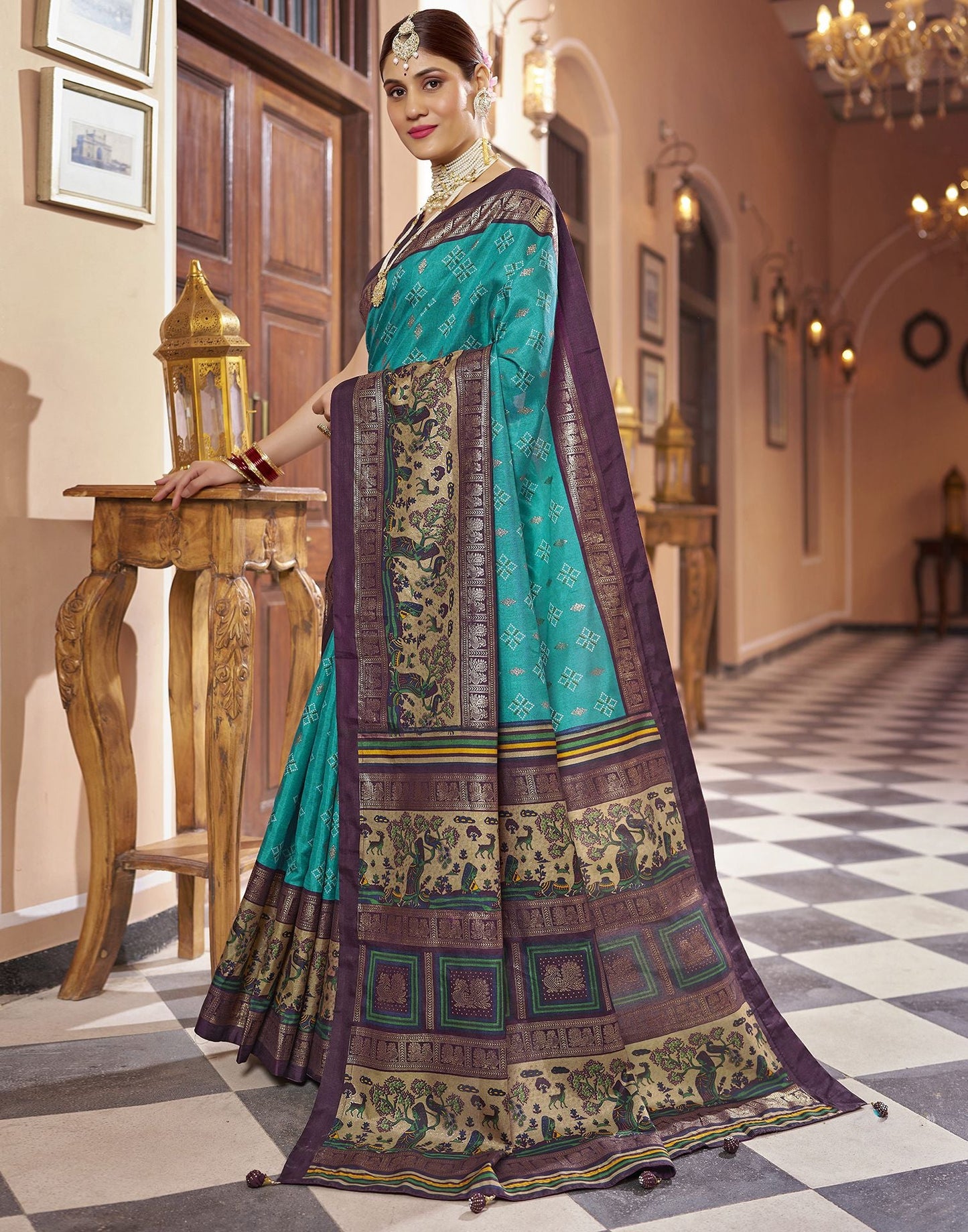 Teal Blue Printed Silk Saree