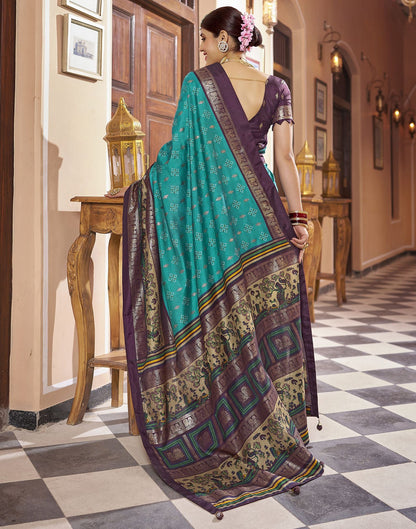 Teal Blue Printed Silk Saree