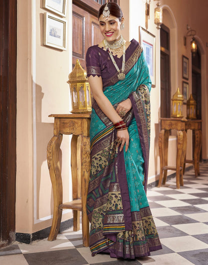 Teal Blue Printed Silk Saree