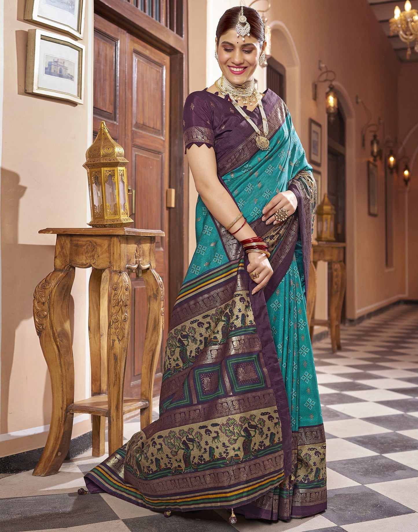 Teal Blue Printed Silk Saree