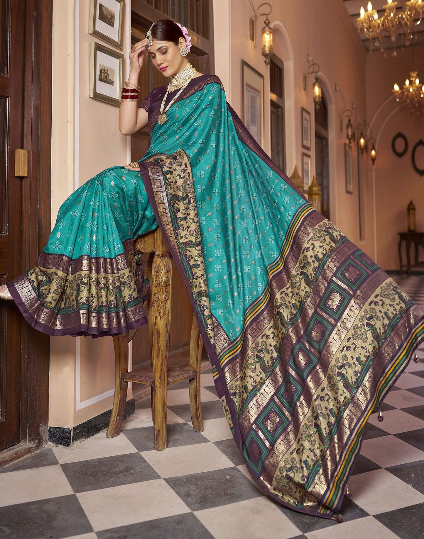 Teal Blue Printed Silk Saree