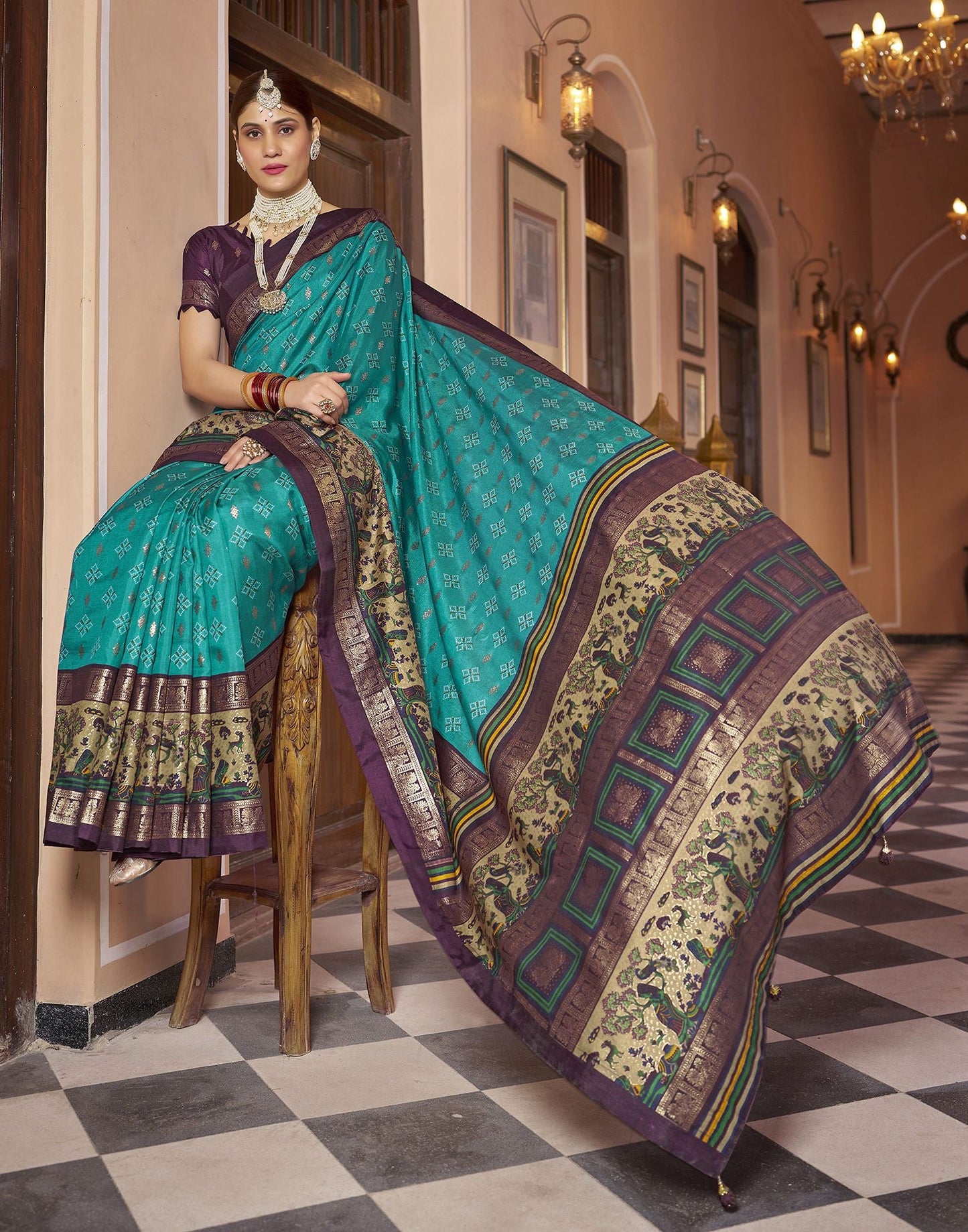 Teal Blue Printed Silk Saree