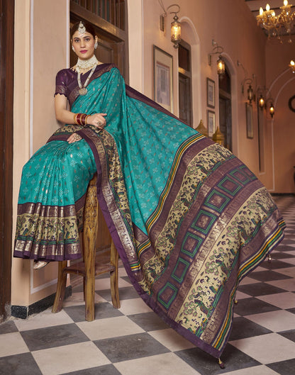 Teal Blue Printed Silk Saree