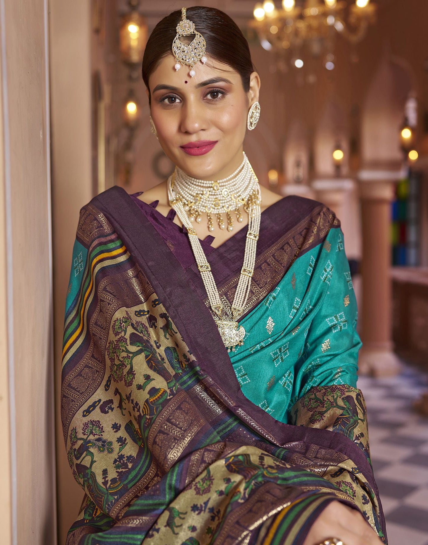 Teal Blue Printed Silk Saree