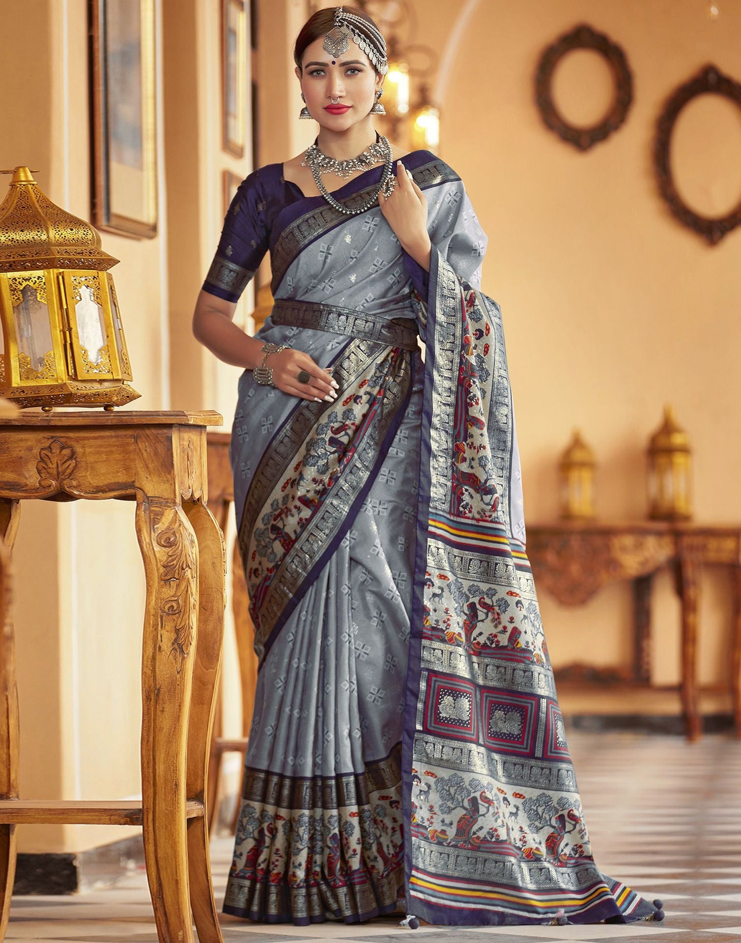 Blue Grey Printed Silk Saree