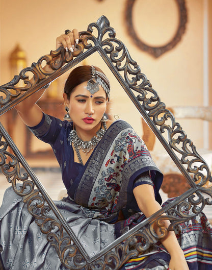 Blue Grey Printed Silk Saree