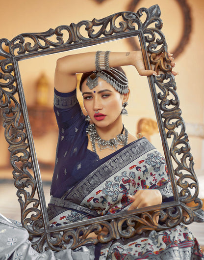 Blue Grey Printed Silk Saree
