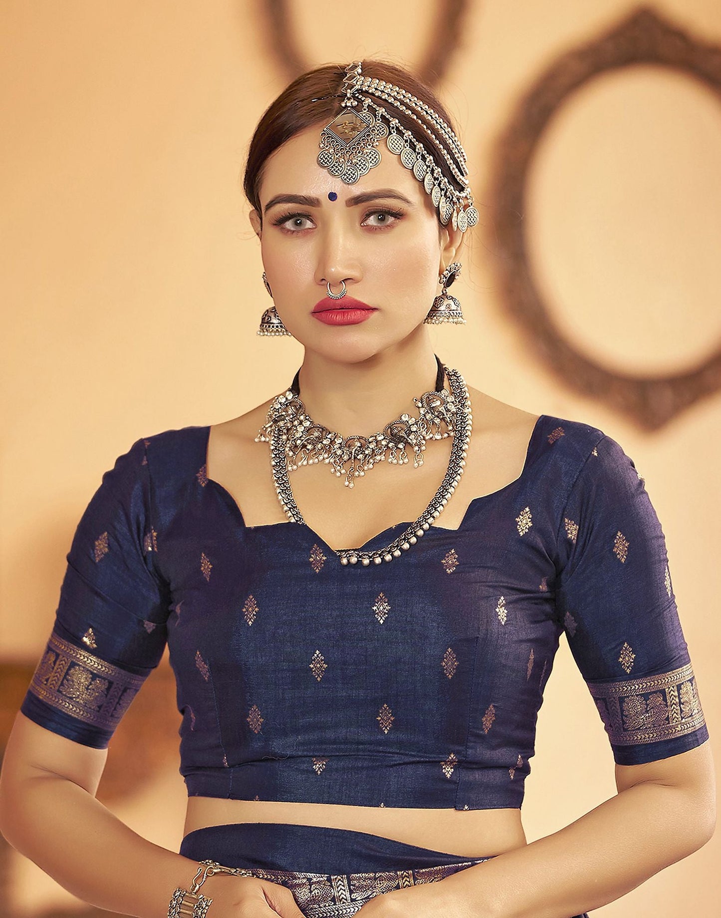 Blue Grey Printed Silk Saree