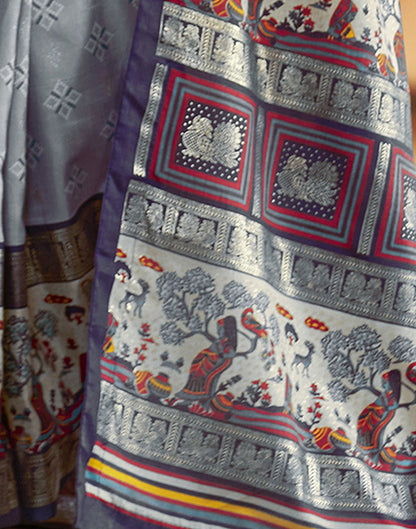 Blue Grey Printed Silk Saree