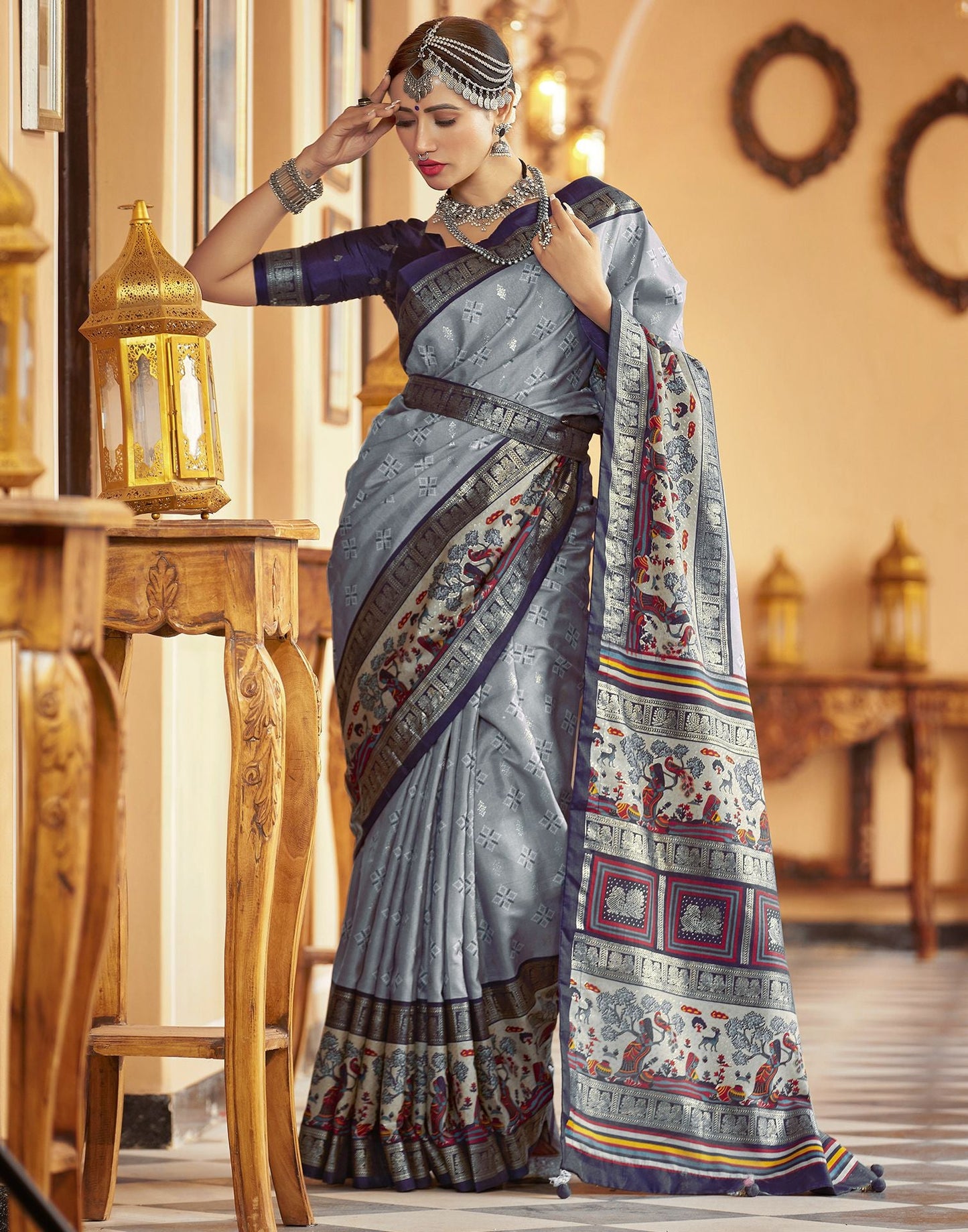 Blue Grey Printed Silk Saree