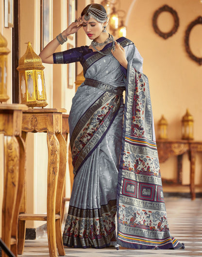 Blue Grey Printed Silk Saree
