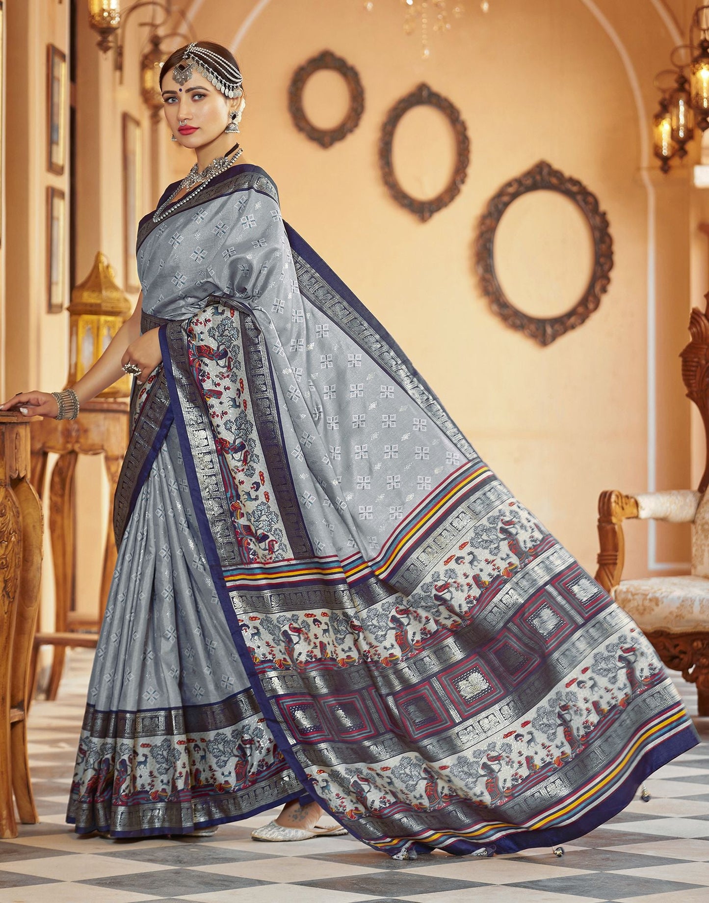 Blue Grey Printed Silk Saree