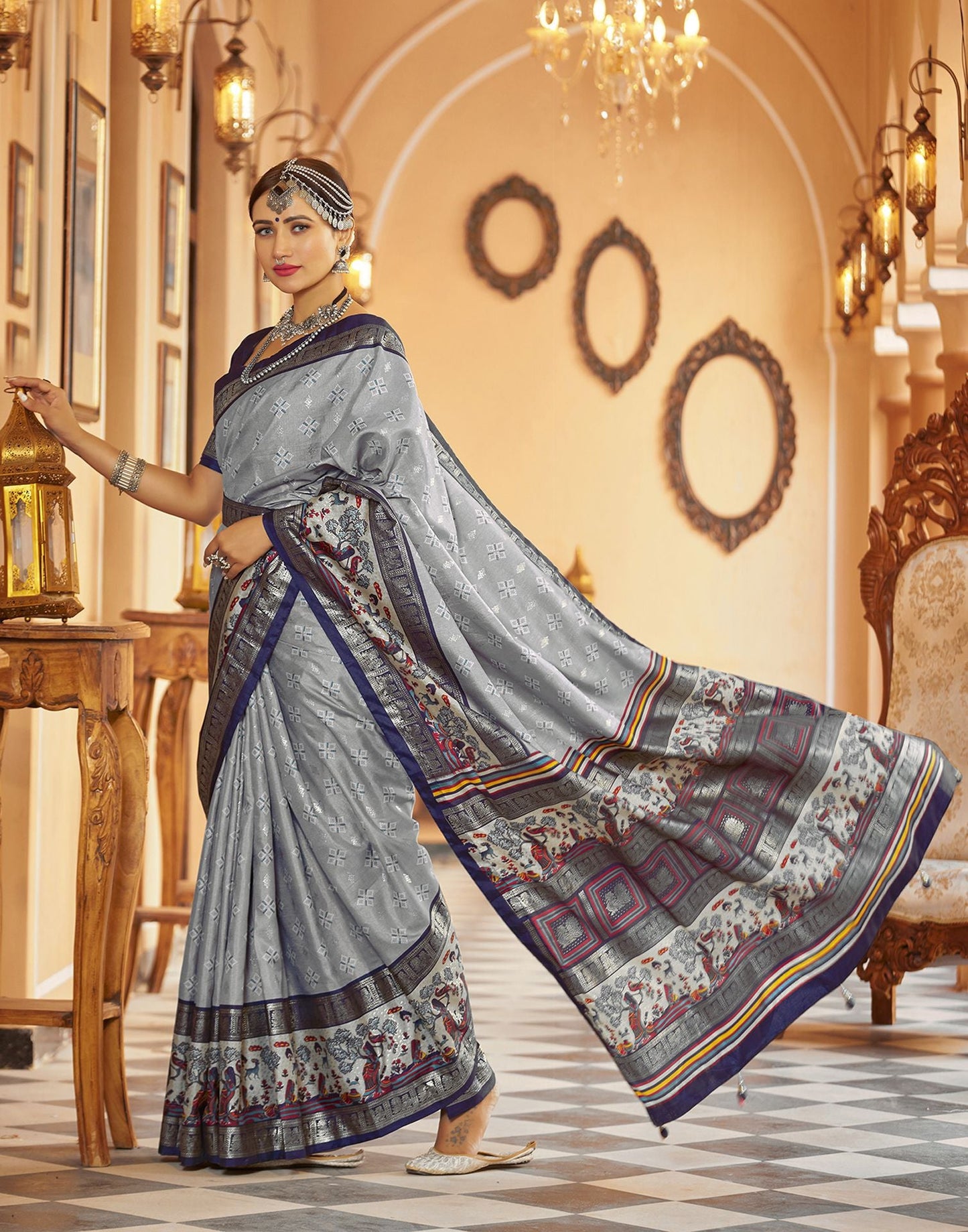 Blue Grey Printed Silk Saree