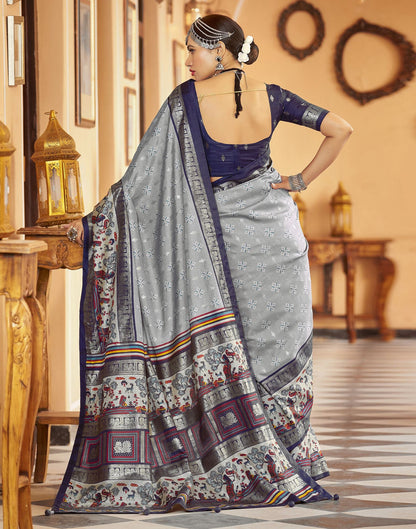 Blue Grey Printed Silk Saree