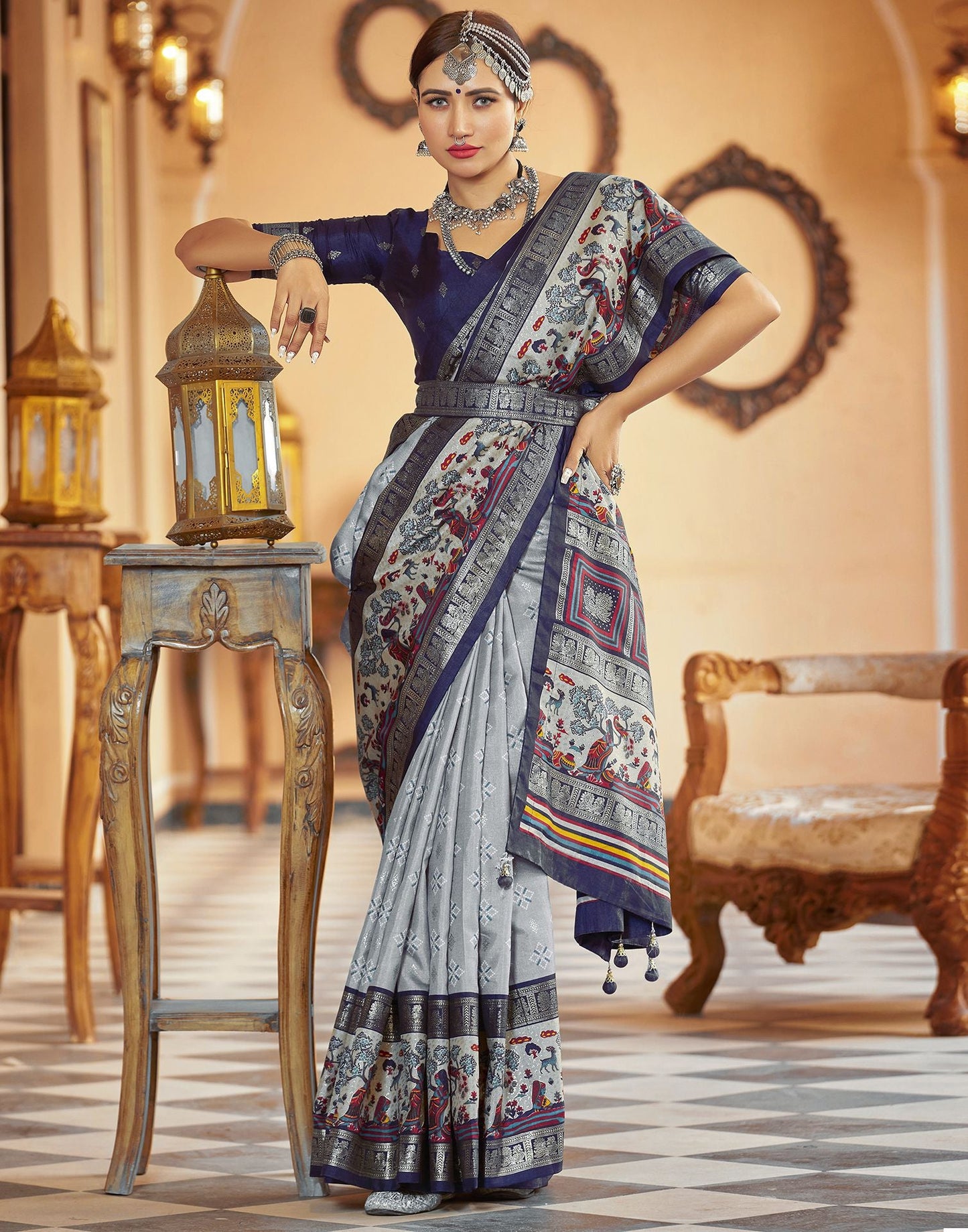 Blue Grey Printed Silk Saree