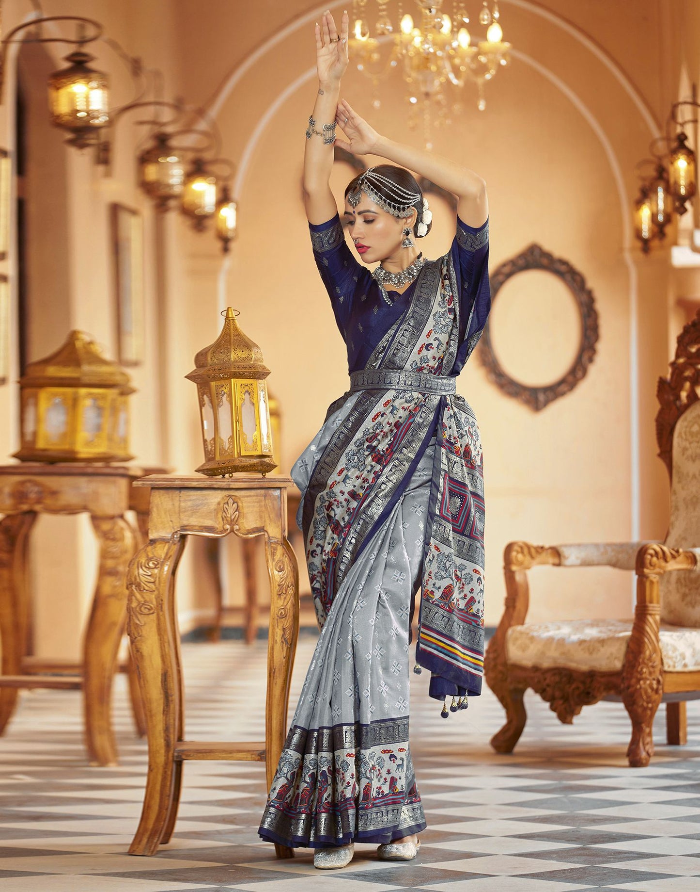 Blue Grey Printed Silk Saree