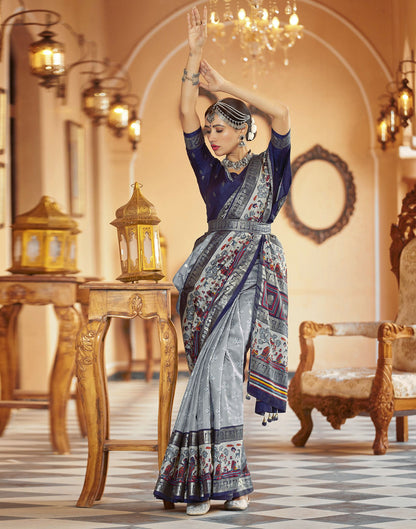 Blue Grey Printed Silk Saree