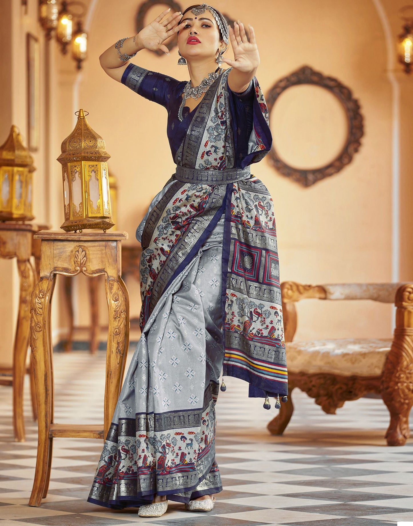 Blue Grey Printed Silk Saree