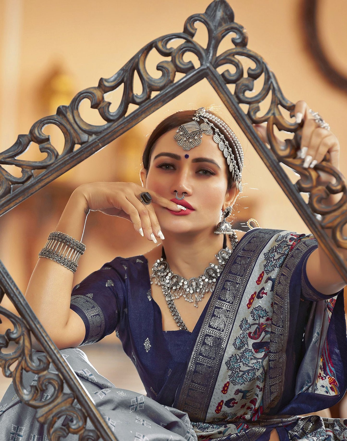 Blue Grey Printed Silk Saree