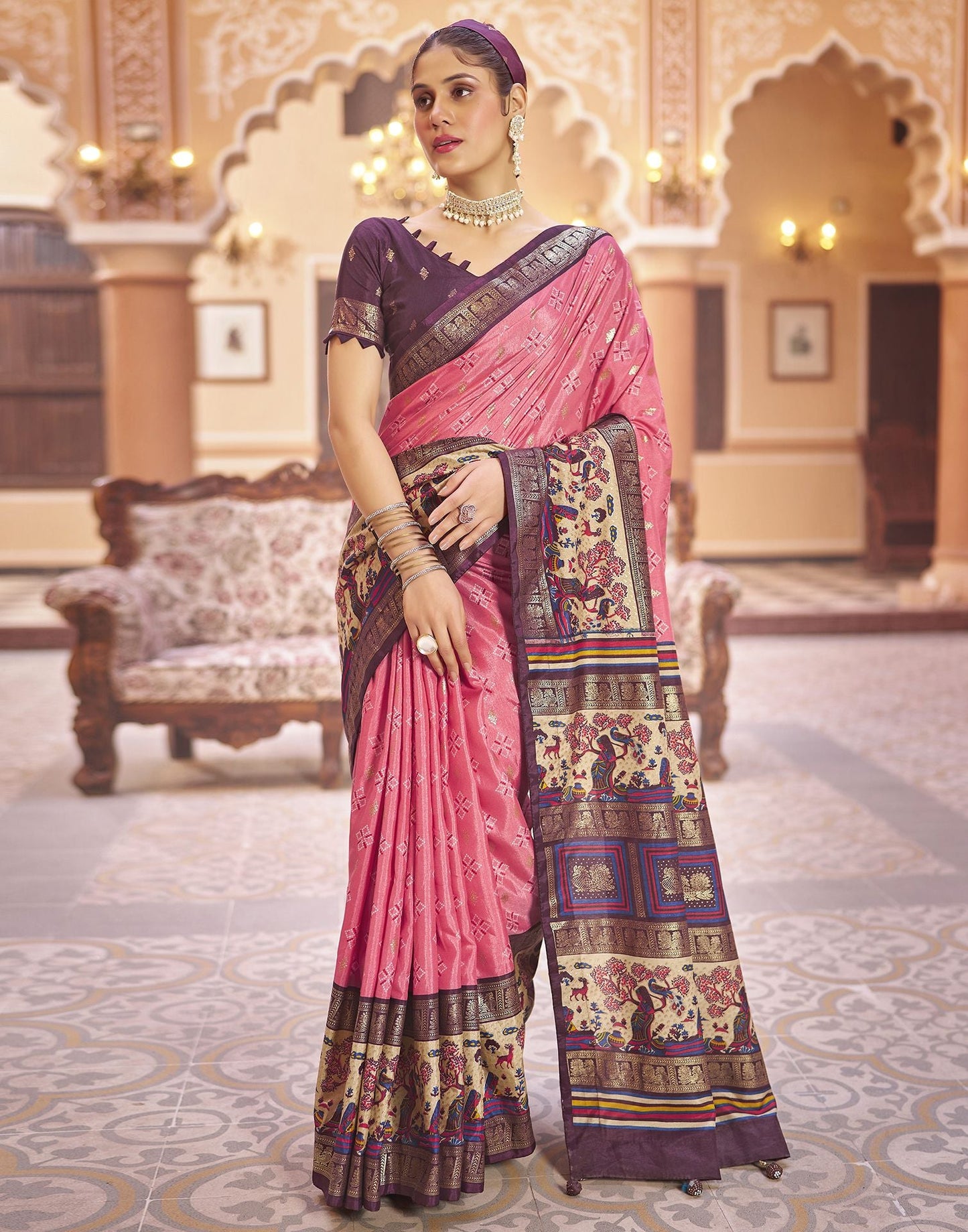 Rose Pink Printed Silk Saree