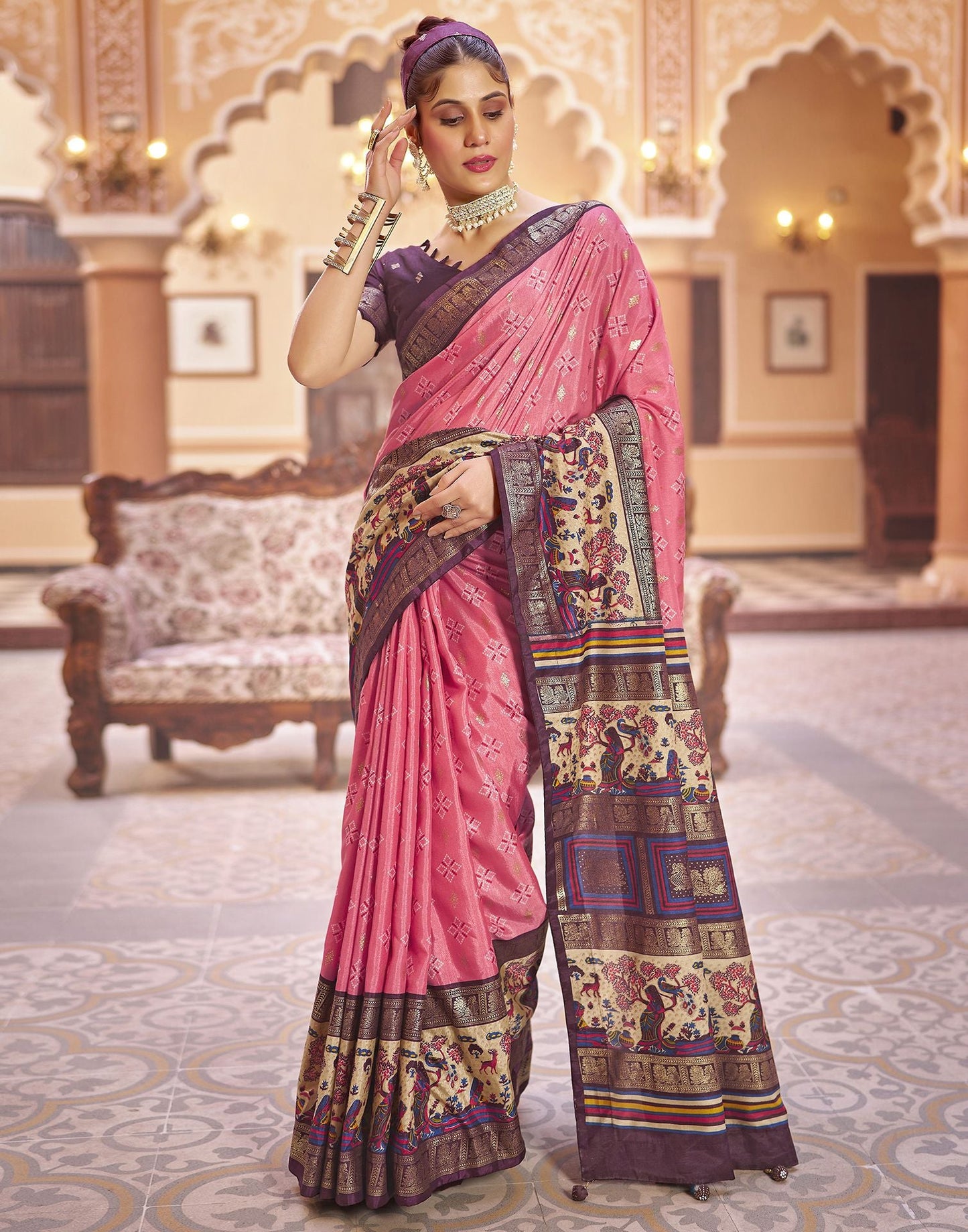 Rose Pink Printed Silk Saree