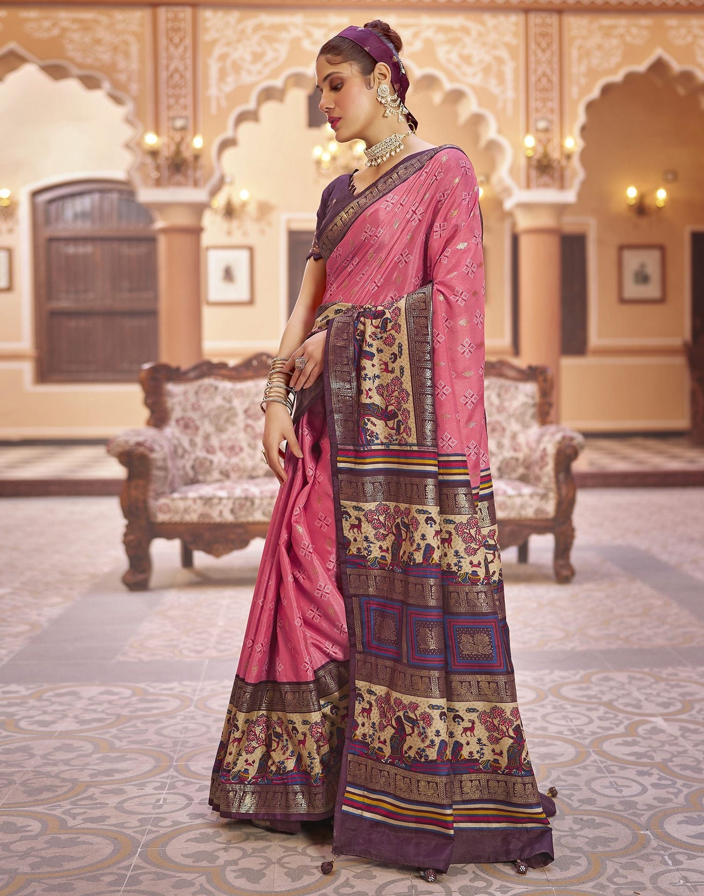 Rose Pink Printed Silk Saree