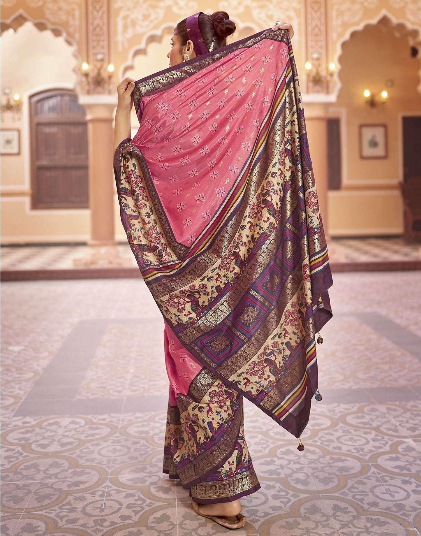 Rose Pink Printed Silk Saree