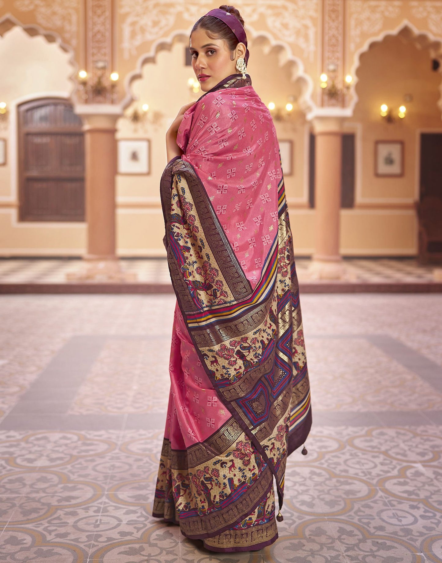 Rose Pink Printed Silk Saree