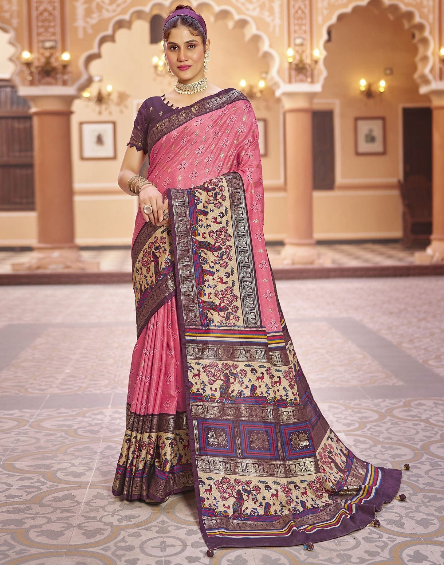 Rose Pink Printed Silk Saree