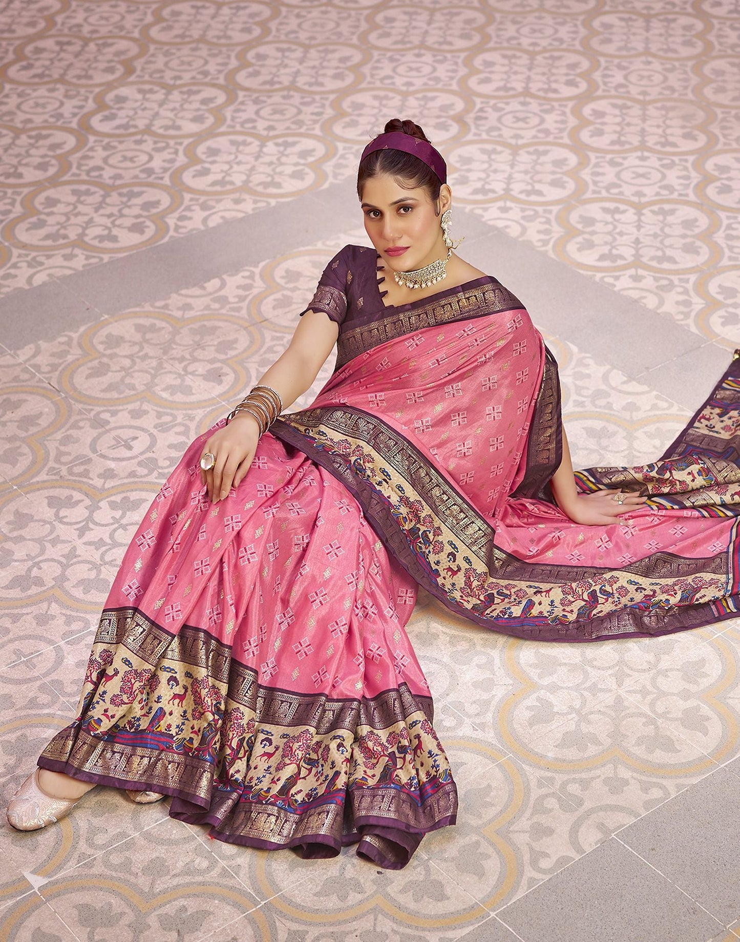 Rose Pink Printed Silk Saree