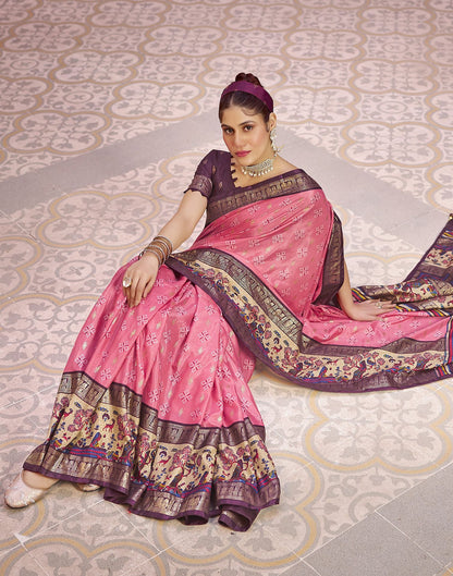 Rose Pink Printed Silk Saree