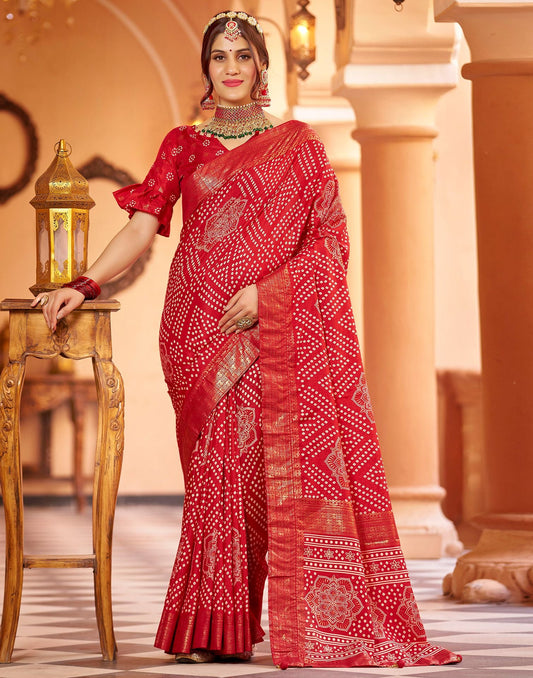 Cherry Red Bandhani Silk Saree