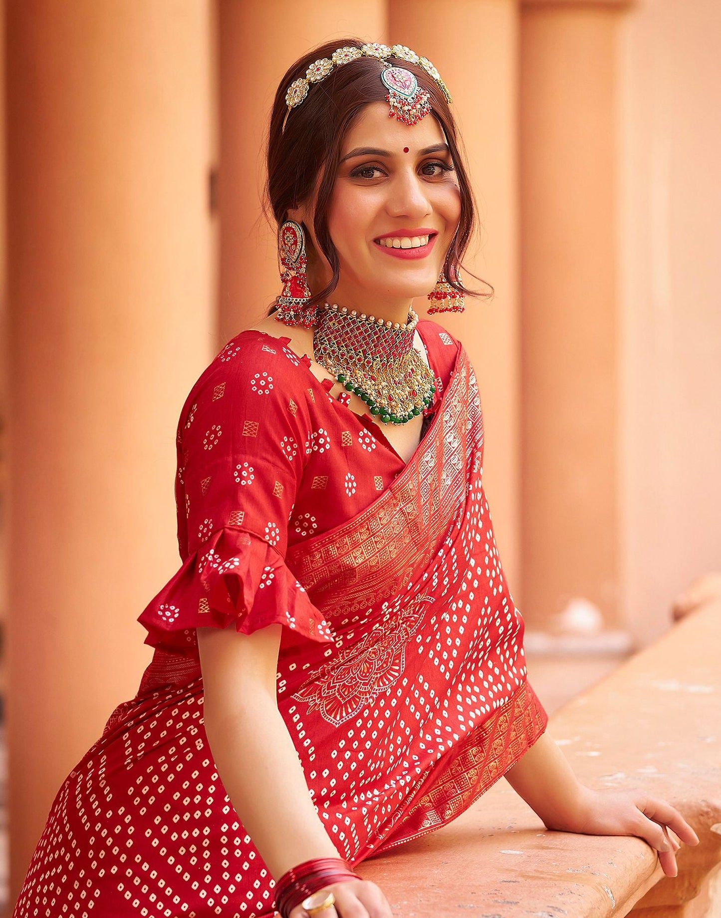 Cherry Red Bandhani Silk Saree