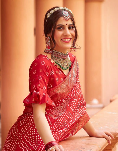 Cherry Red Bandhani Silk Saree