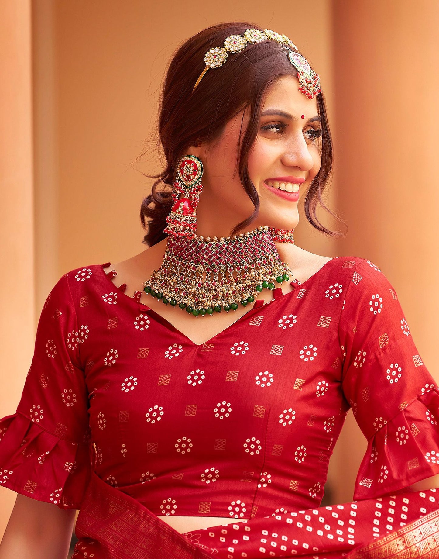 Cherry Red Bandhani Silk Saree