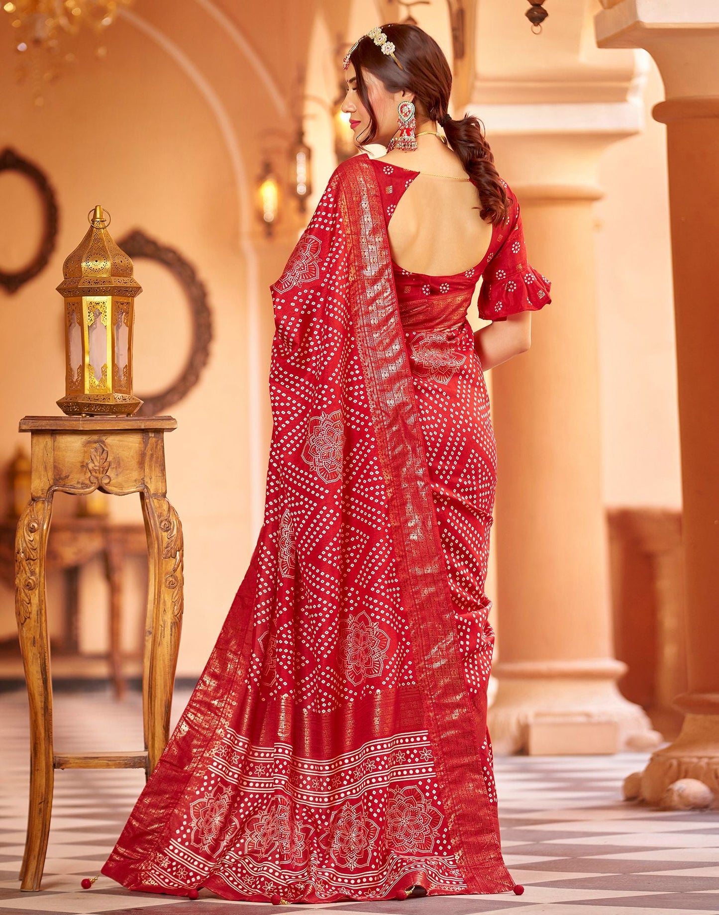 Cherry Red Bandhani Silk Saree