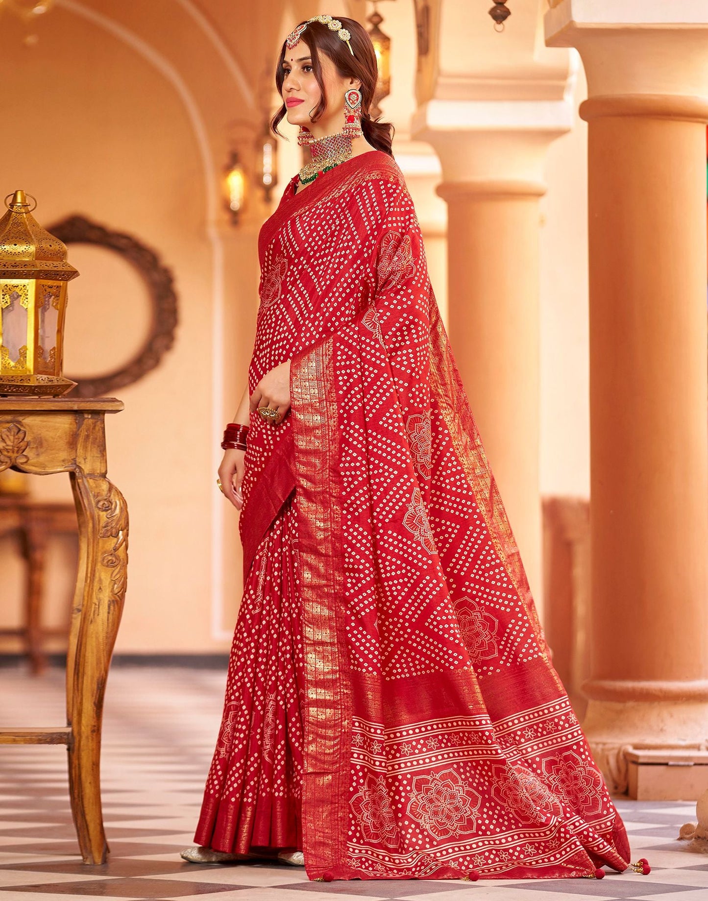Cherry Red Bandhani Silk Saree
