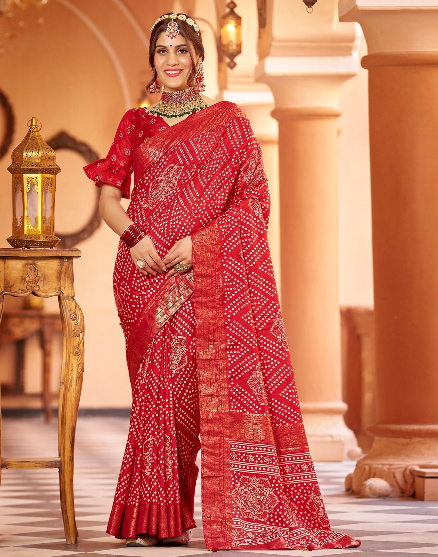 Cherry Red Bandhani Silk Saree