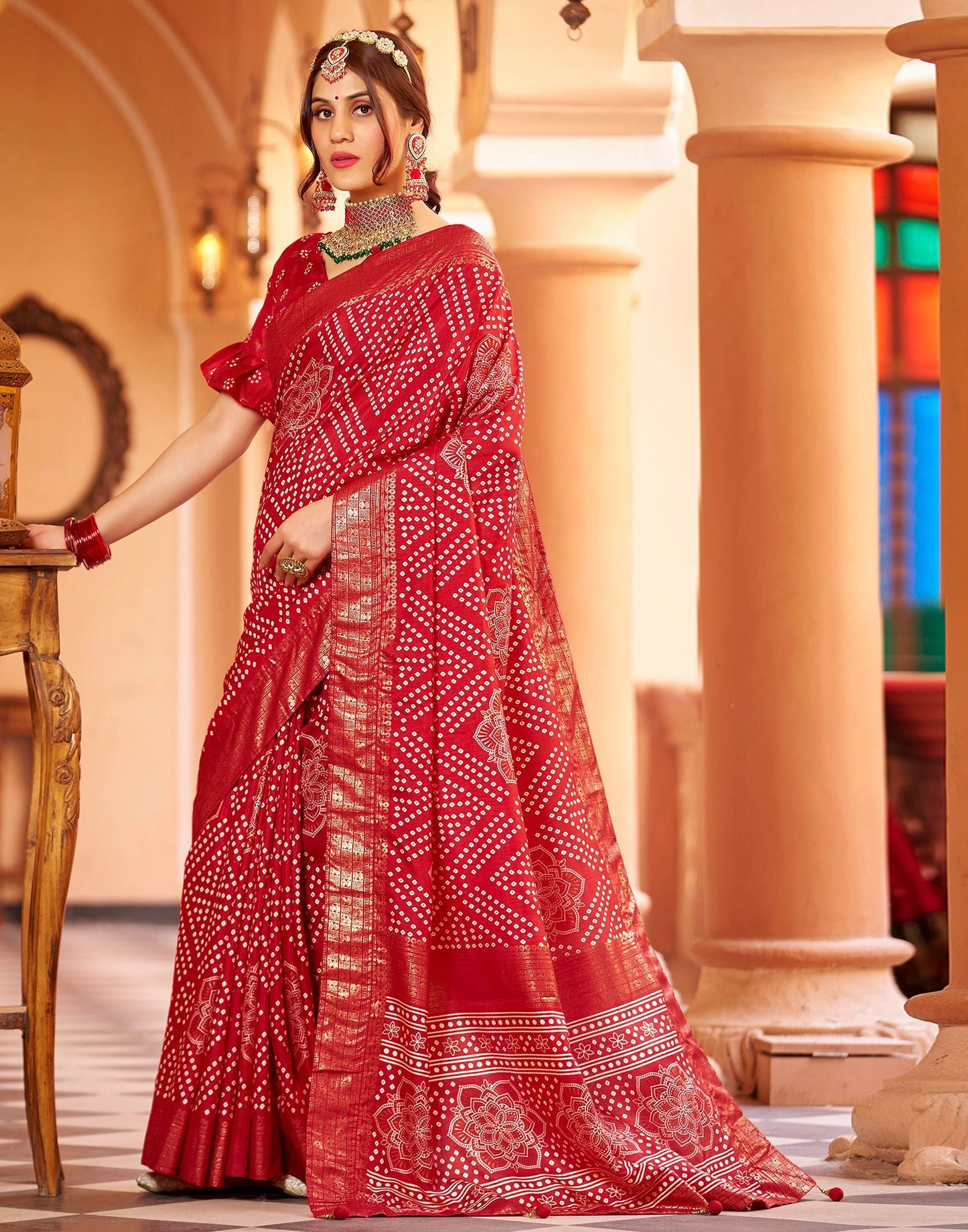 Cherry Red Bandhani Silk Saree