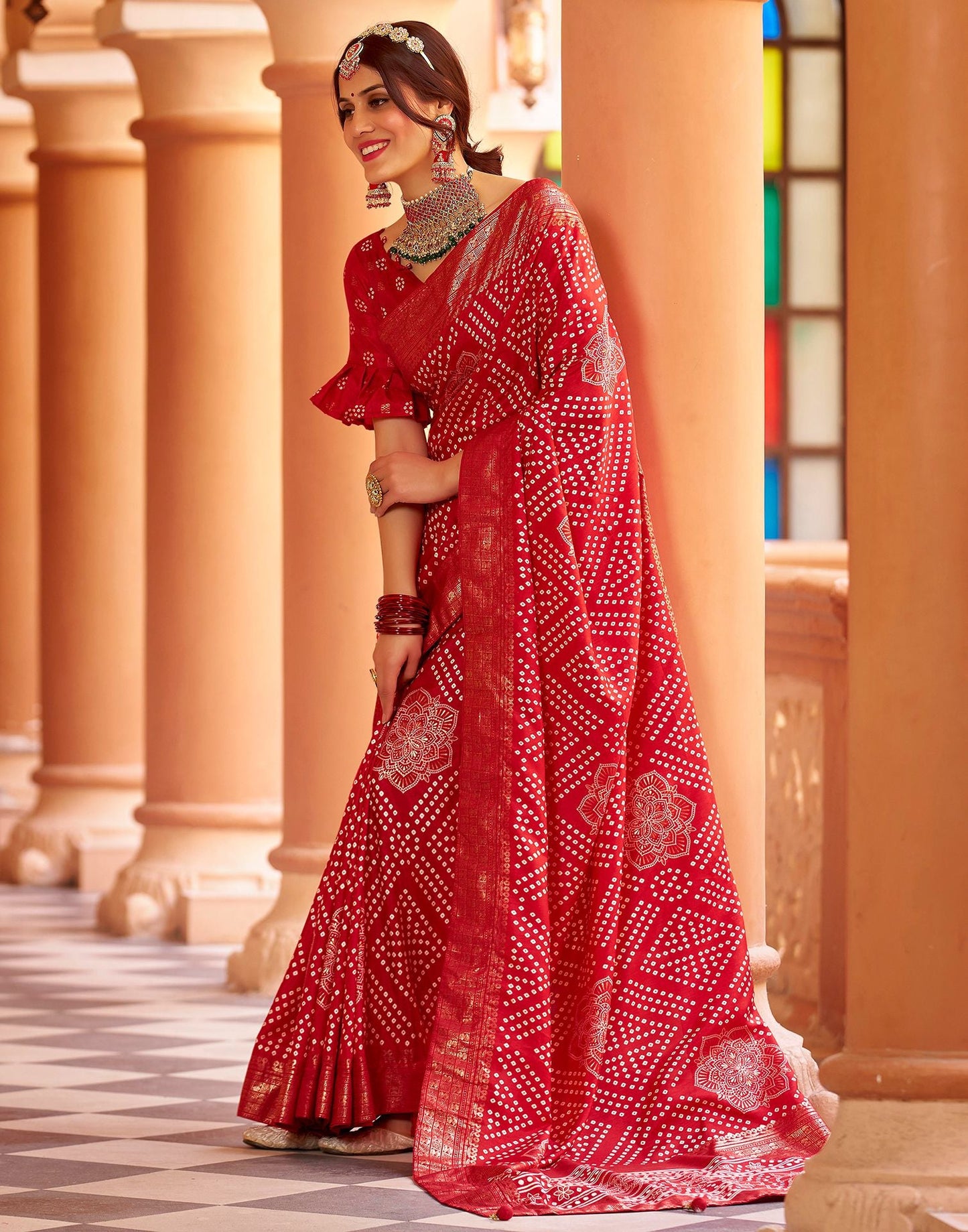 Cherry Red Bandhani Silk Saree