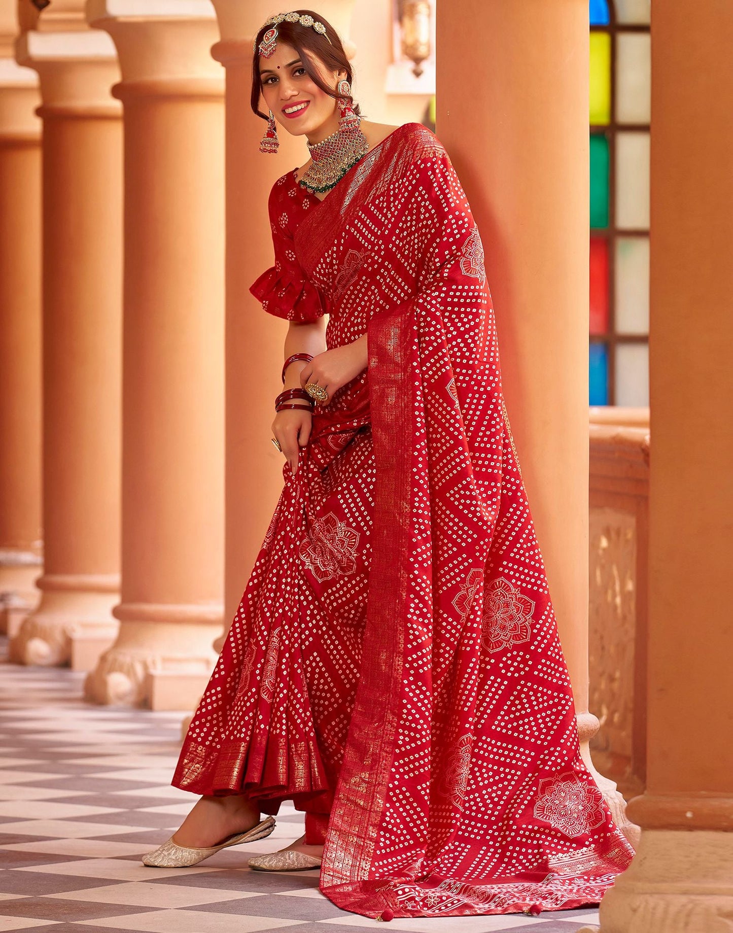 Cherry Red Bandhani Silk Saree