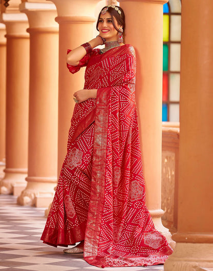 Cherry Red Bandhani Silk Saree