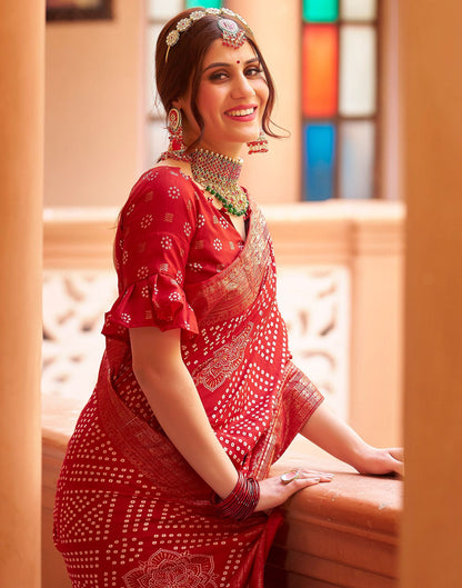 Cherry Red Bandhani Silk Saree